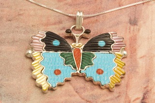 Zuni Indian Jewelry Genuine Turquoise and Mother of Pearl Sterling Silver Butterfly Pendant